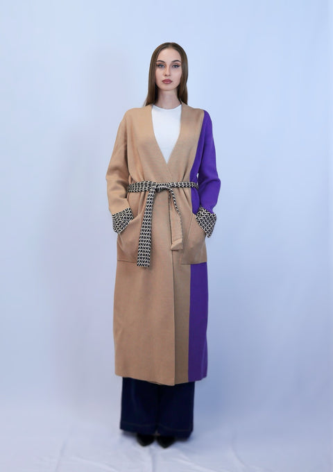 Camel and purple colorblock unlined knit duster coat by VOCOLO
