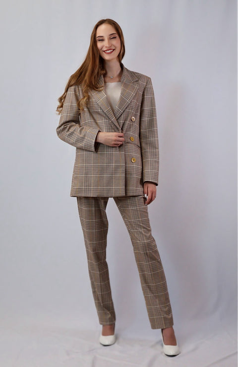 Beige Glen Plaid Trousers with Beige plaid jacket — ITALICA Boutique Sarasota lifestyle
