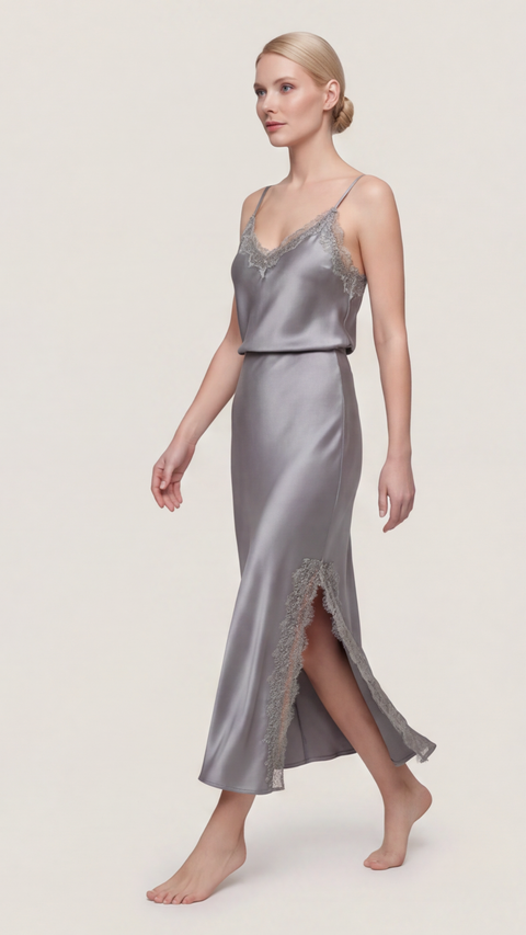 Silver Satin Skirt with Lace Slit