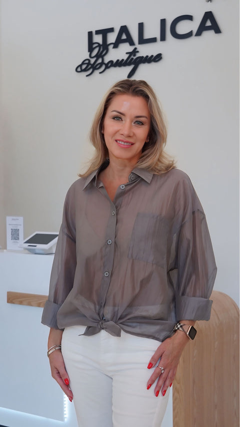 Sheer oversized gray shirt tied at the front, semi-sheer viscose