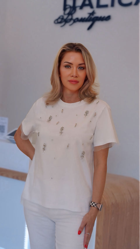 White cotton top with scattered rhinestone crystal clusters