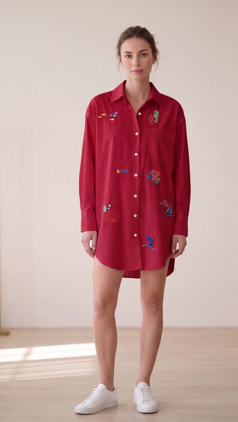 Red cotton oversized shirt dress with colorful nautical embroidery