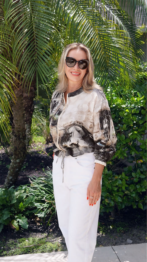 Olive print lightweight cotton bomber by J-clair, ITALICA Boutique Sarasota
