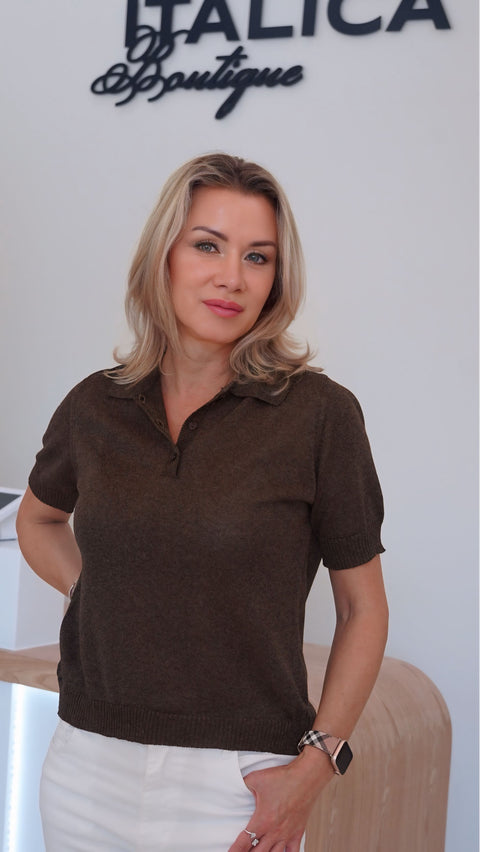 Brown knit polo with a golden sheen and two-button placket collar