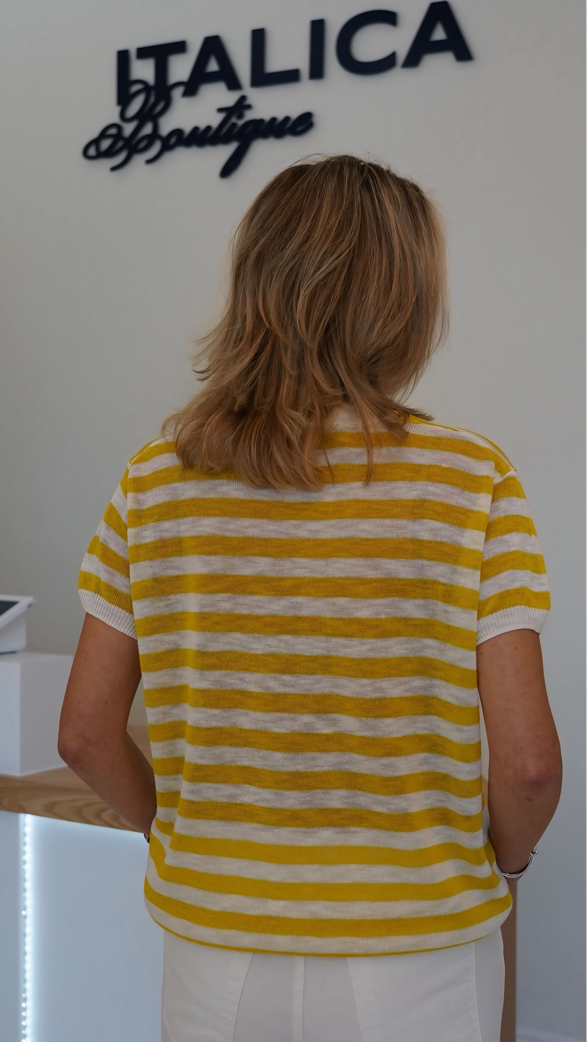 Yellow Striped Knit Top, V-Neck | ITALICA Sarasota