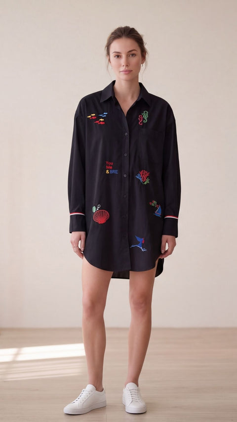 Black cotton oversized shirt dress with colorful nautical embroidery