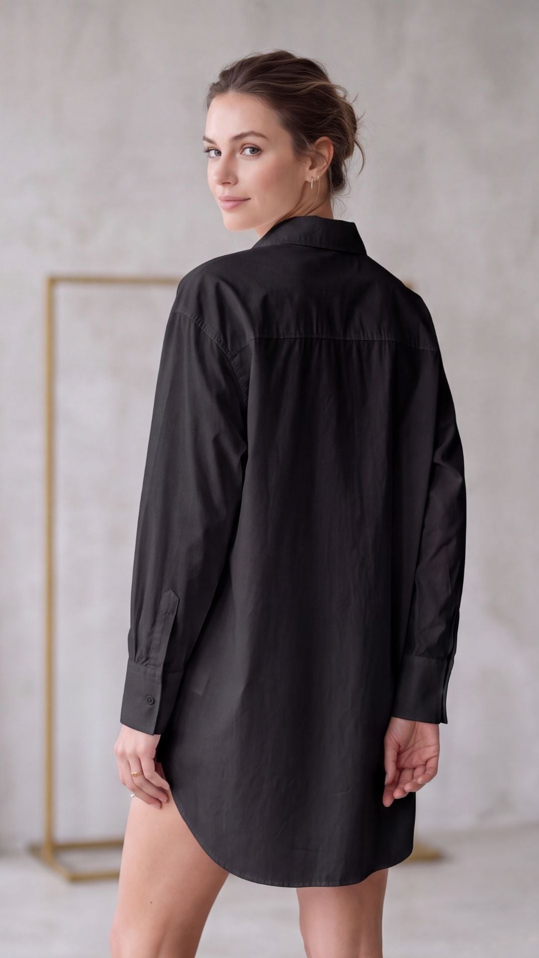 Black Cotton Shirt Dress, Embroidered