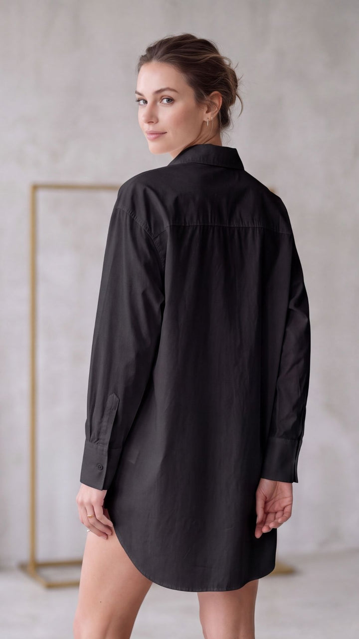 Black Cotton Shirt Dress, Embroidered