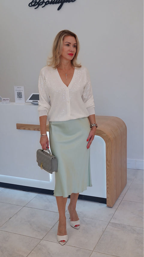 Mint Satin Midi Skirt