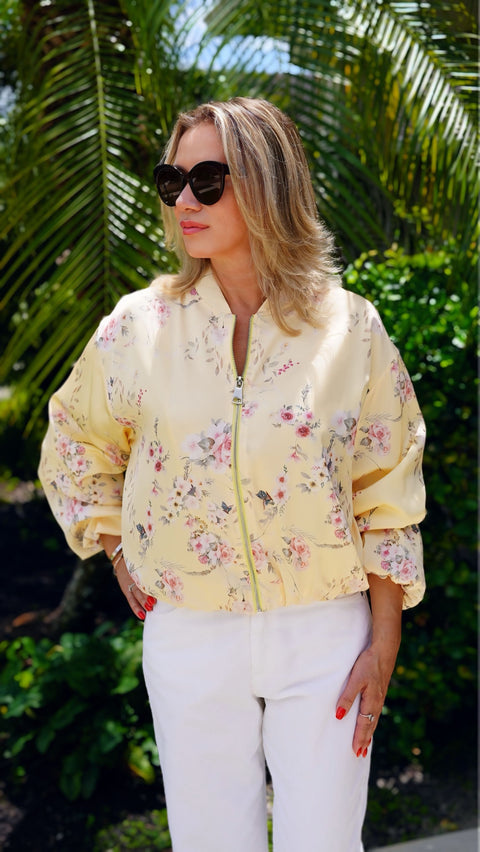 Floral print summer bomber jacket by Le Streghe, ITALICA Boutique Sarasota