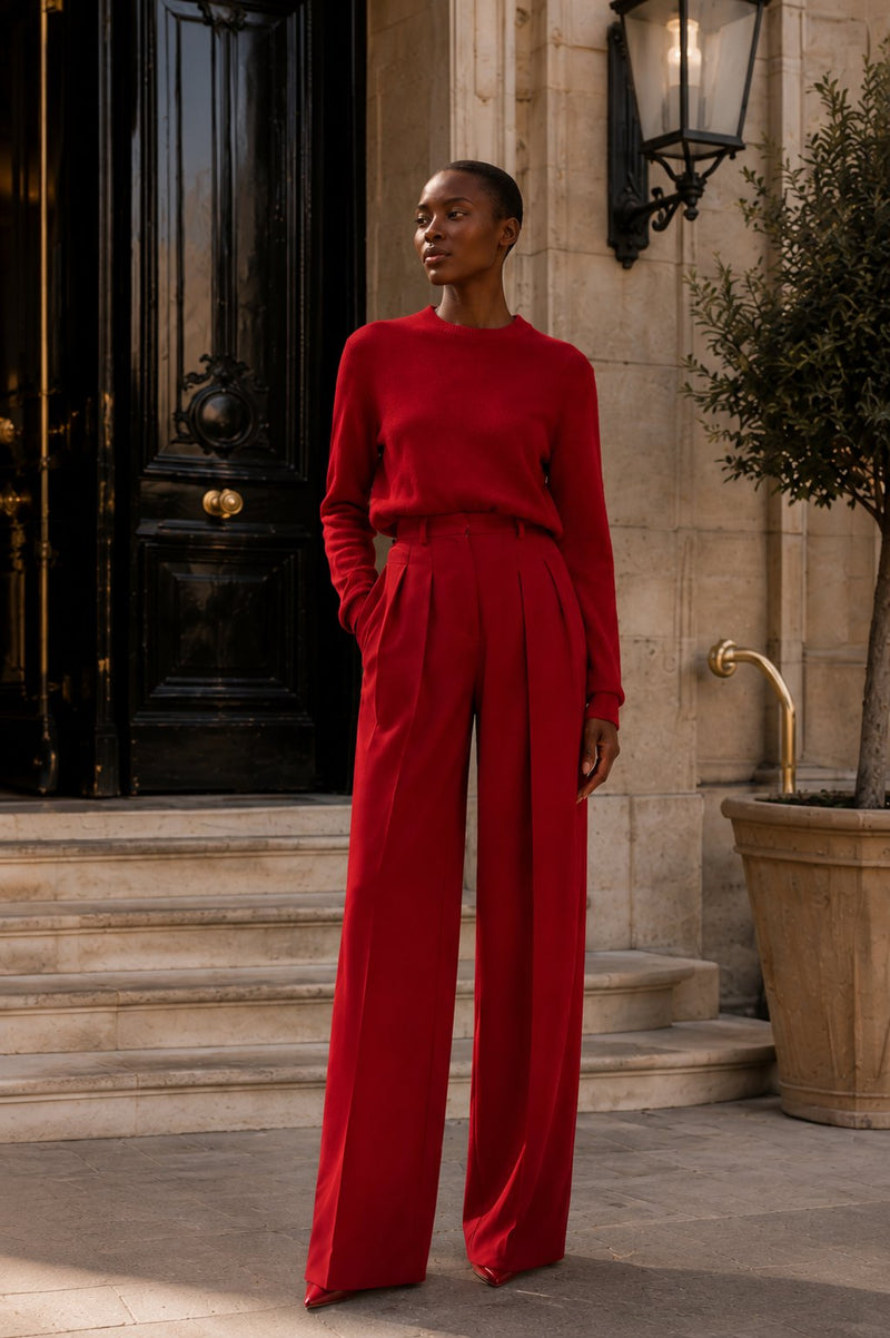 Model in a red knit and wide-leg trousers — colour of the season — ITALICA Boutique Sarasota