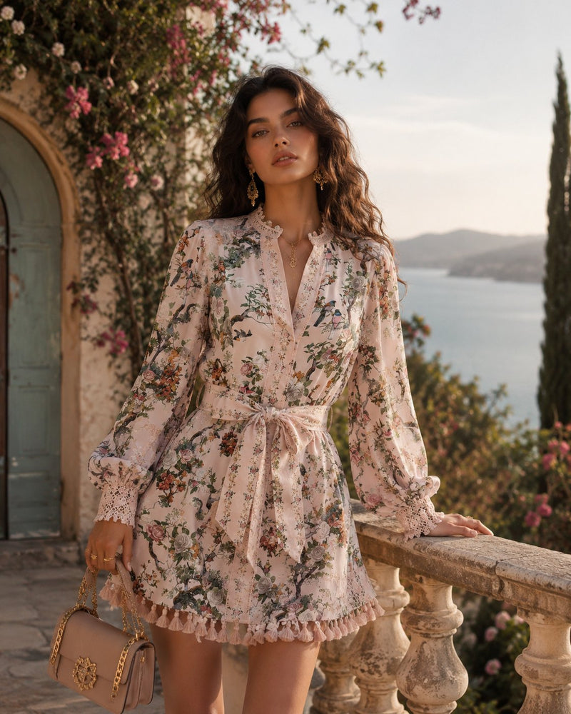 Model in a floral print mini dress with a woven bag — ITALICA Boutique Sarasota
